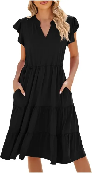 Women Short Sleeve Knee Length Sundress Solid Color A Line Vacation Dresses Casual Trendy Outfit with Pockets