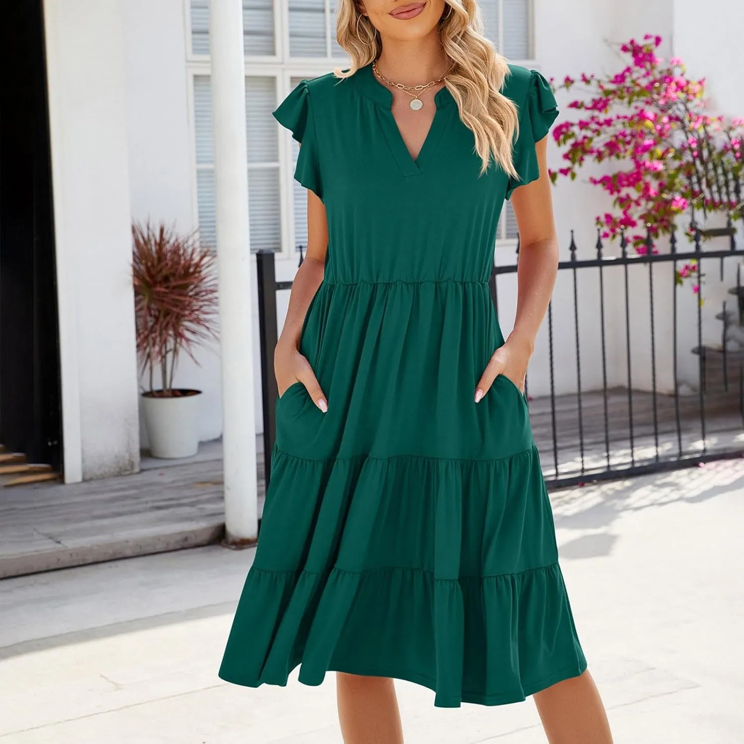 Women Short Sleeve Knee Length Sundress Solid Color A Line Vacation Dresses Casual Trendy Outfit with Pockets