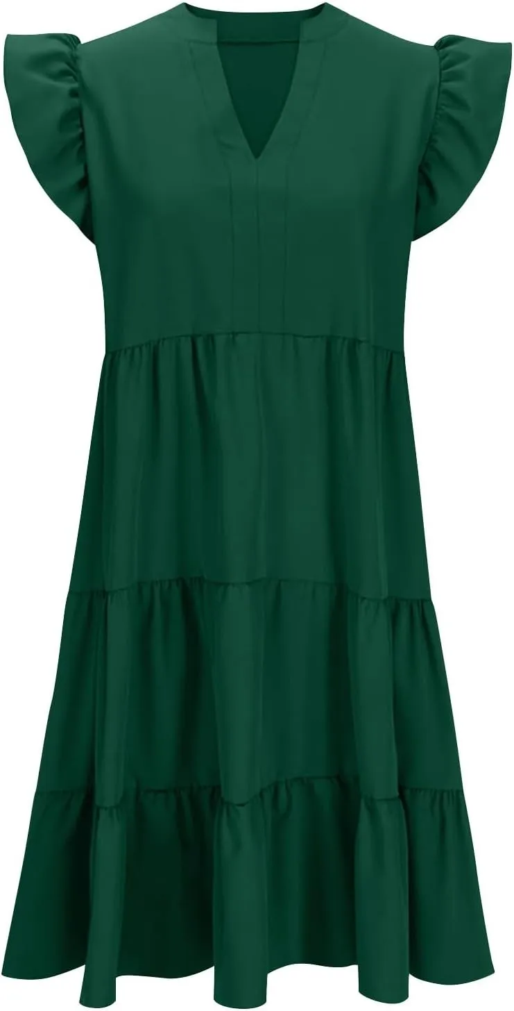 Women Short Sleeve Knee Length Sundress Solid Color A Line Vacation Dresses Casual Trendy Outfit with Pockets