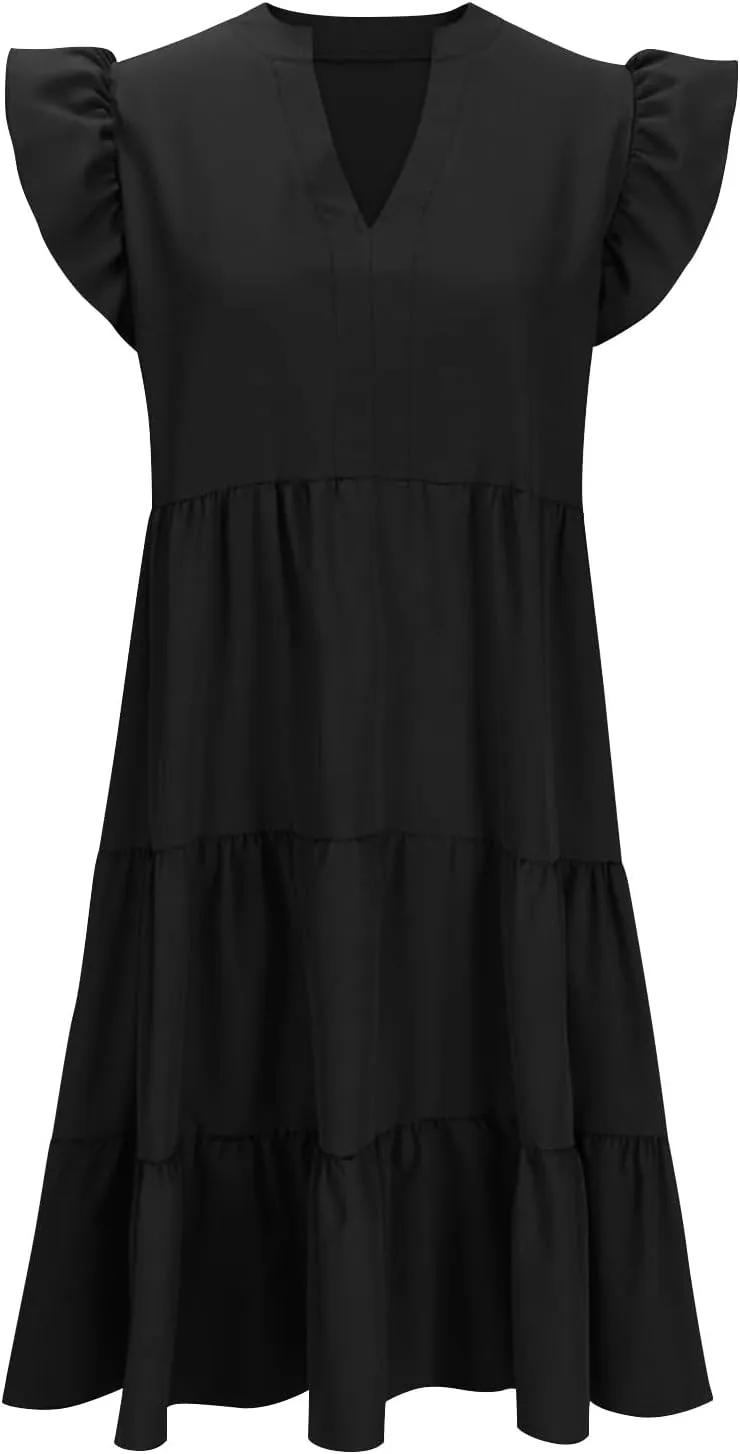 Women Short Sleeve Knee Length Sundress Solid Color A Line Vacation Dresses Casual Trendy Outfit with Pockets