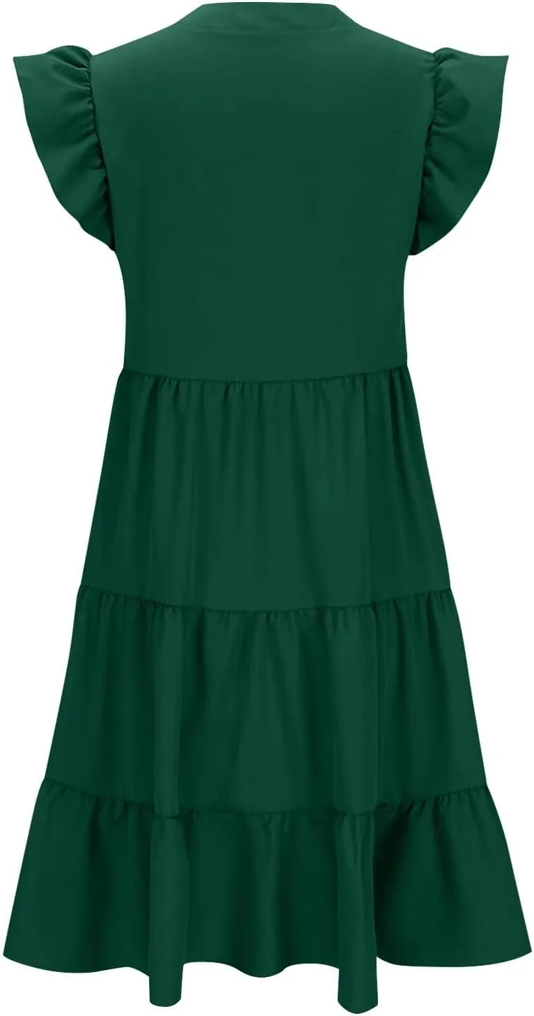 Women Short Sleeve Knee Length Sundress Solid Color A Line Vacation Dresses Casual Trendy Outfit with Pockets