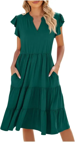 Women Short Sleeve Knee Length Sundress Solid Color A Line Vacation Dresses Casual Trendy Outfit with Pockets