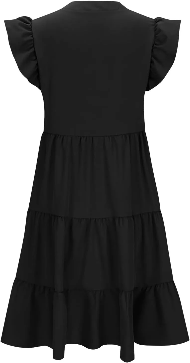 Women Short Sleeve Knee Length Sundress Solid Color A Line Vacation Dresses Casual Trendy Outfit with Pockets