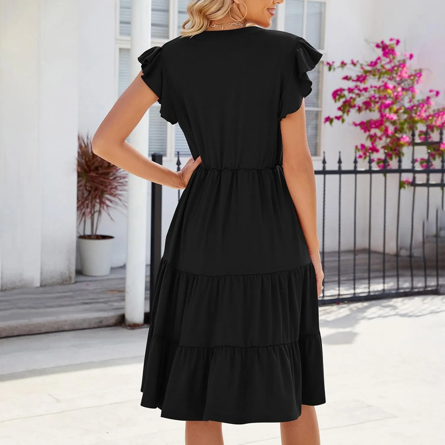 Women Short Sleeve Knee Length Sundress Solid Color A Line Vacation Dresses Casual Trendy Outfit with Pockets
