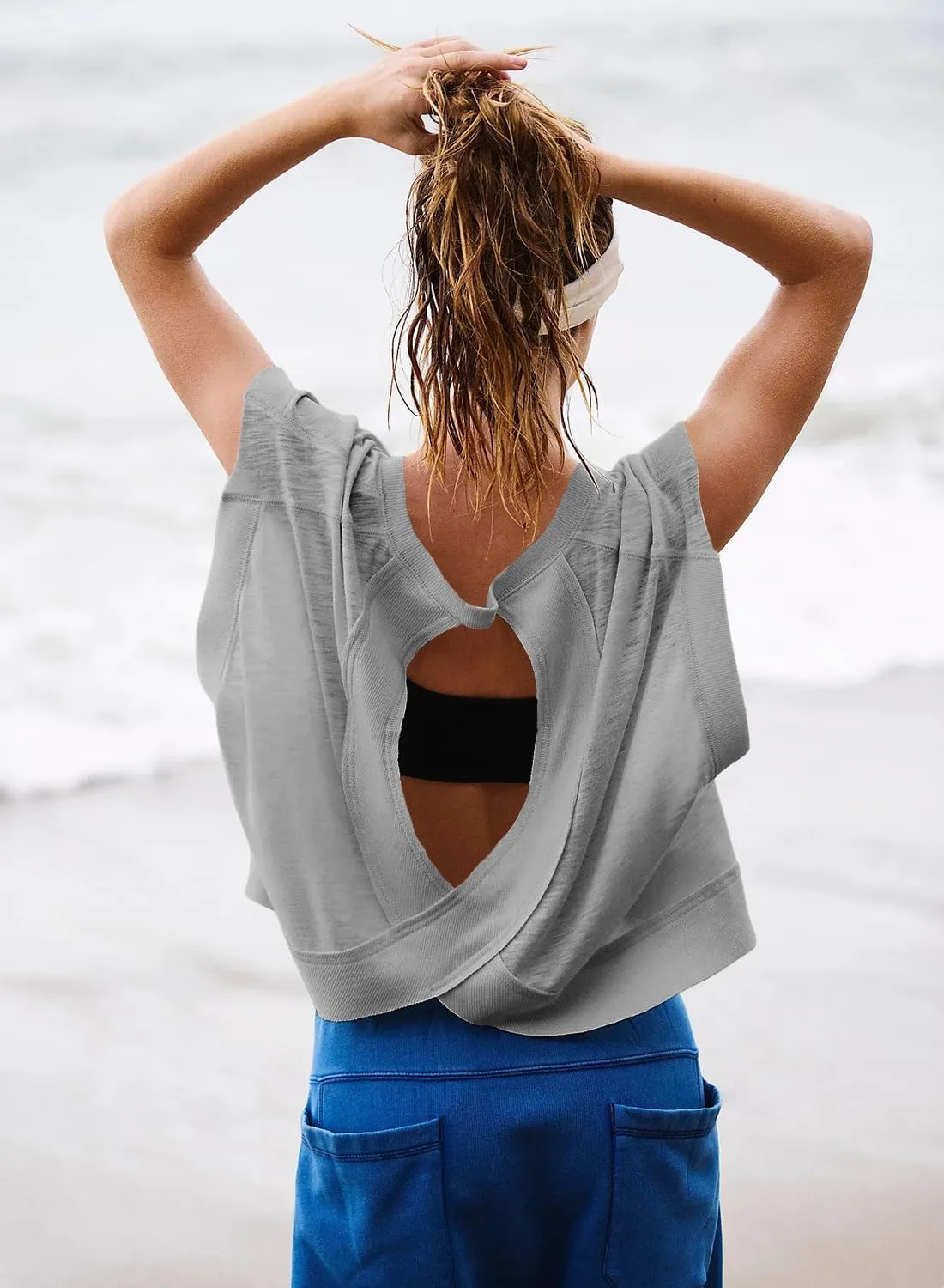 Women Short Sleeve Workout Shirts Open Back Tops Casual Yoga Y2k Athletic Gym Slouchy Crop Running Tees