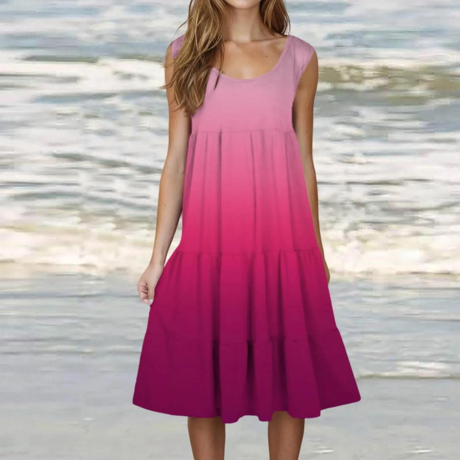 Women Sleeveless Loose Sundresses Gradient Graphic Print Dresses Fashion Casual Beach Tiered Dress