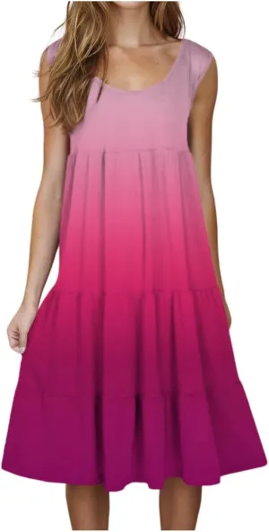 Women Sleeveless Loose Sundresses Gradient Graphic Print Dresses Fashion Casual Beach Tiered Dress