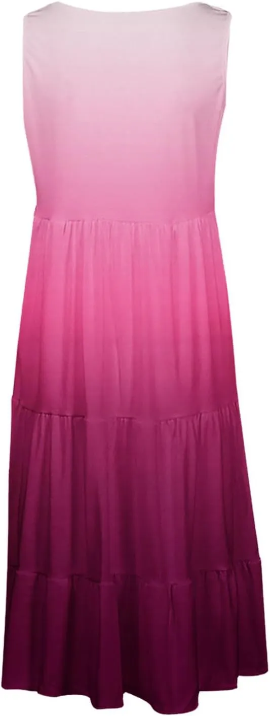 Women Sleeveless Loose Sundresses Gradient Graphic Print Dresses Fashion Casual Beach Tiered Dress