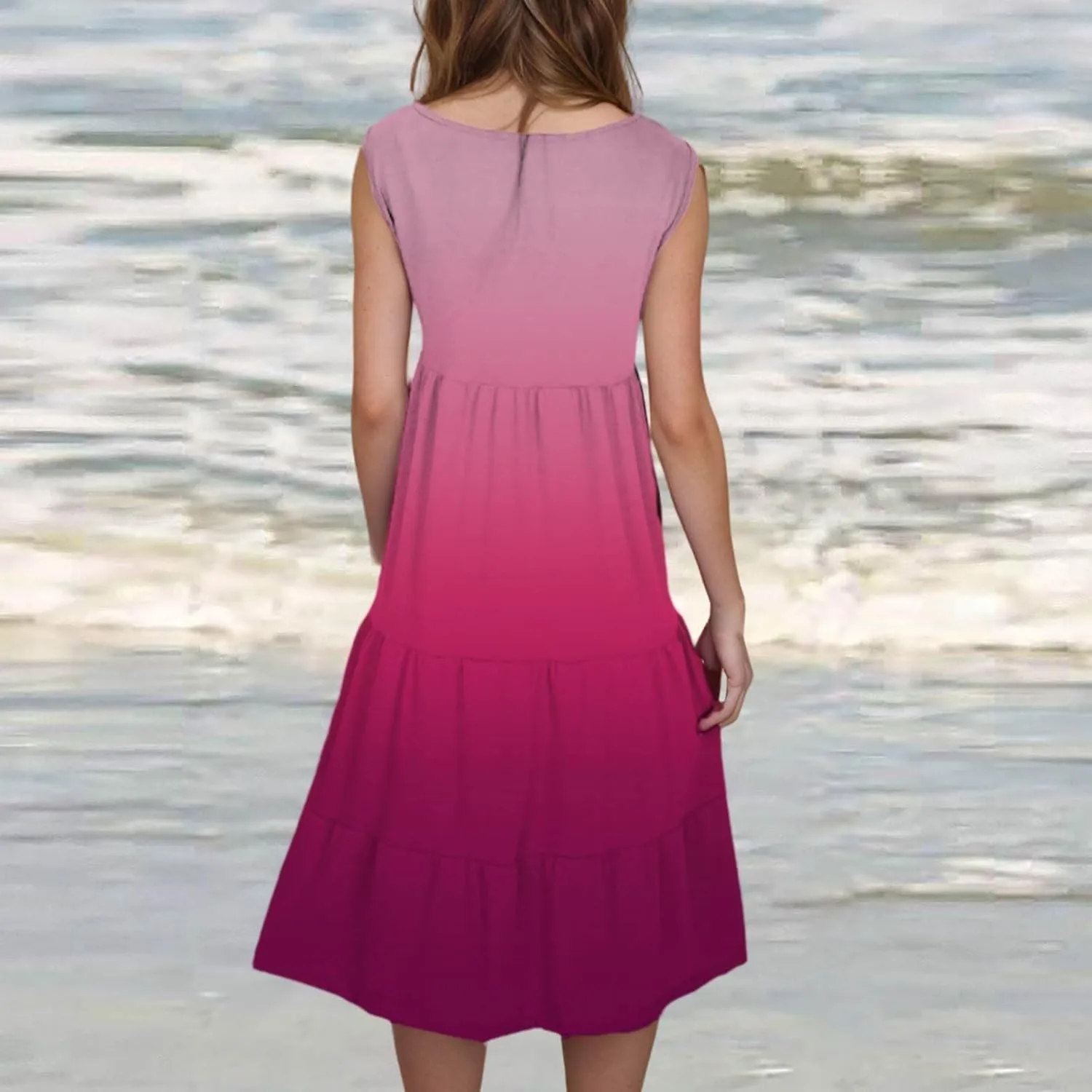 Women Sleeveless Loose Sundresses Gradient Graphic Print Dresses Fashion Casual Beach Tiered Dress