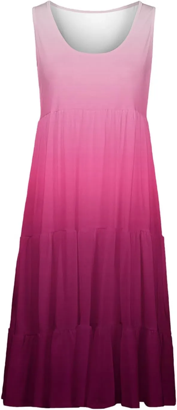 Women Sleeveless Loose Sundresses Gradient Graphic Print Dresses Fashion Casual Beach Tiered Dress