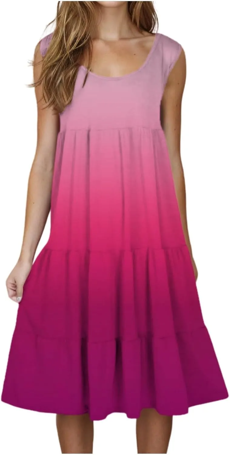 Women Sleeveless Loose Sundresses Gradient Graphic Print Dresses Fashion Casual Beach Tiered Dress