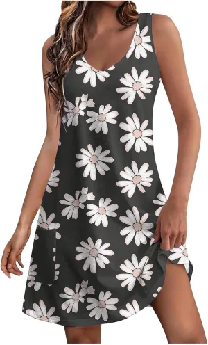 Women Sleeveless Summer Trendy Beach Dress Floral Graphic Print Sundress A Line Loose Casual Dress