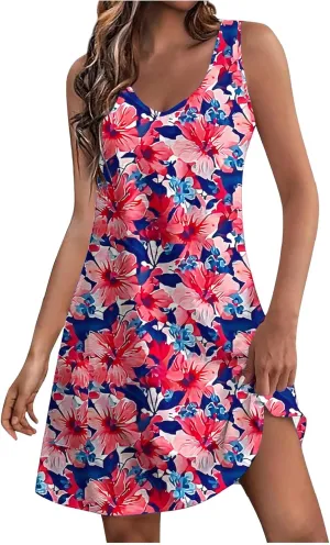 Women Sleeveless Summer Trendy Beach Dress Floral Graphic Print Sundress A Line Loose Casual Dress