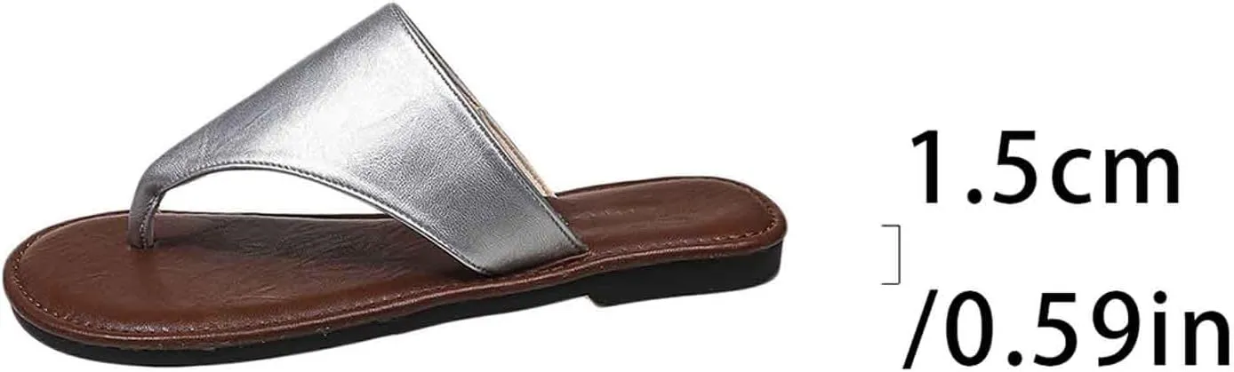 Women Summer Flat Slides T Strap Leather Thong Sandals Slip on Comfortable Summer Beach Vacation Footwear Slipper
