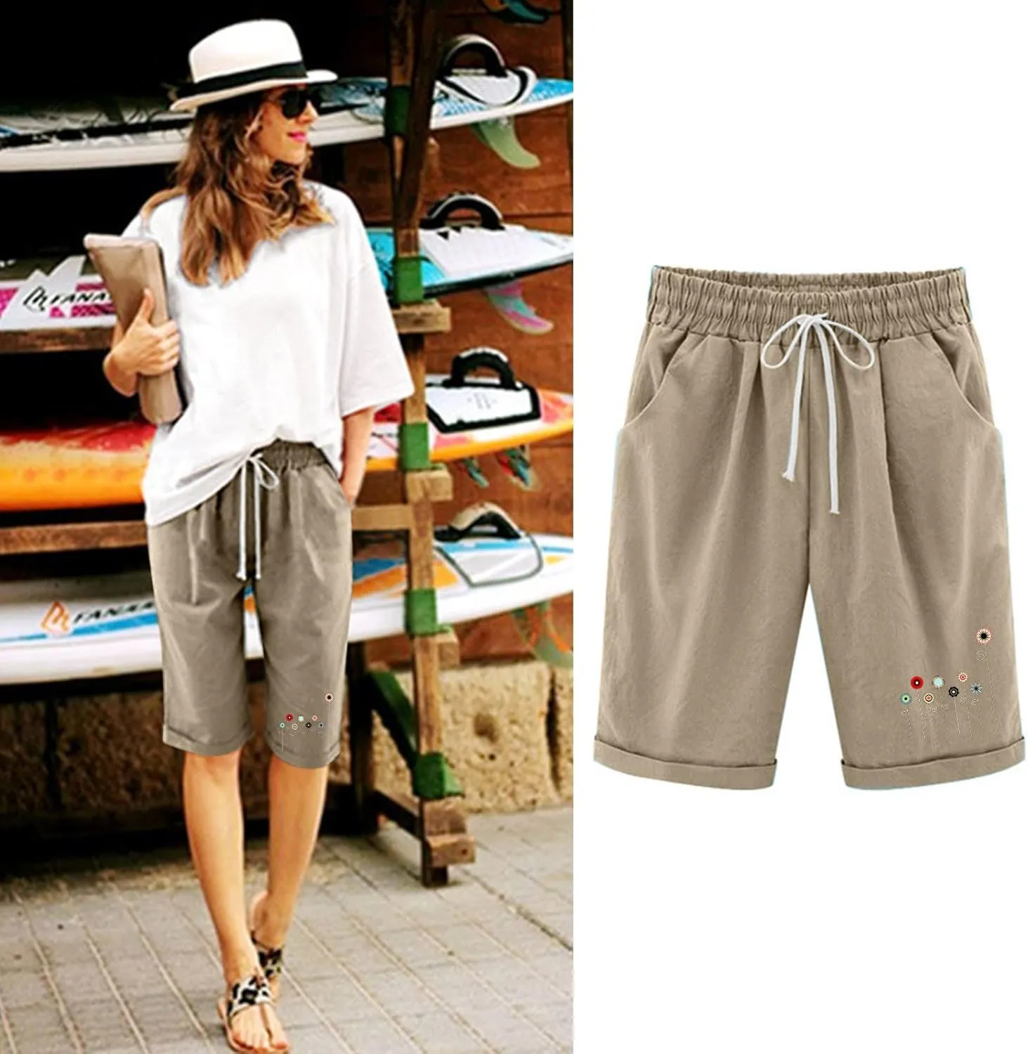 Women Summer Plus Size Casual Shorts Trendy Pleated Smocked Waist Roll-up Leg Trouser Jogger Running Lounge Sweatpant