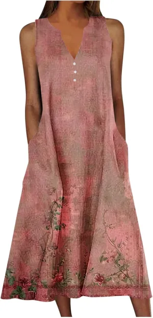 Women Sundresses Plus Size Floral High Waist Sleeveless Flowy A Line Midi Dresses Loose Boho Dress with Pockets