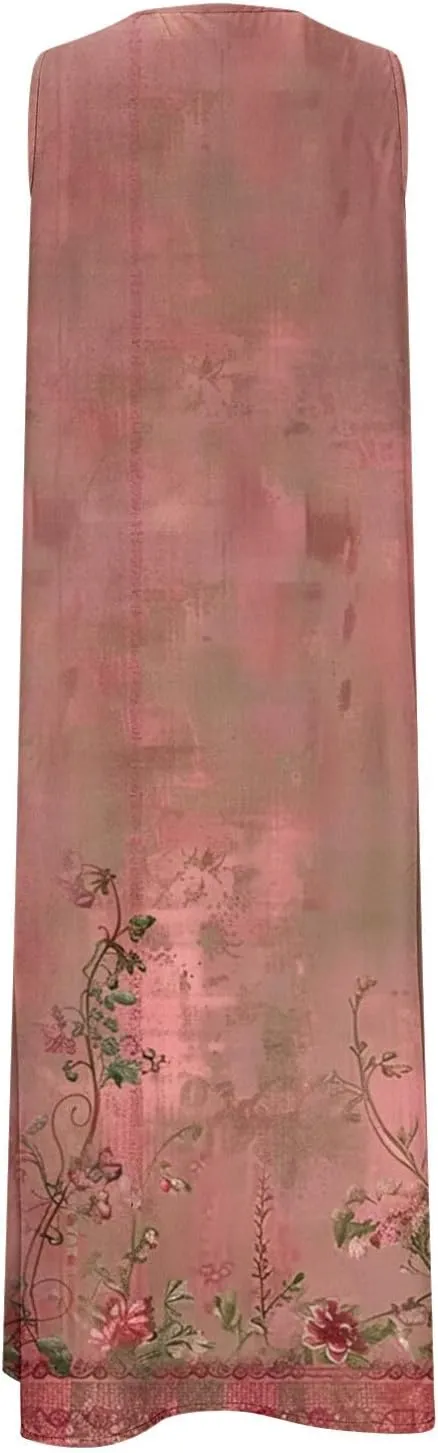Women Sundresses Plus Size Floral High Waist Sleeveless Flowy A Line Midi Dresses Loose Boho Dress with Pockets