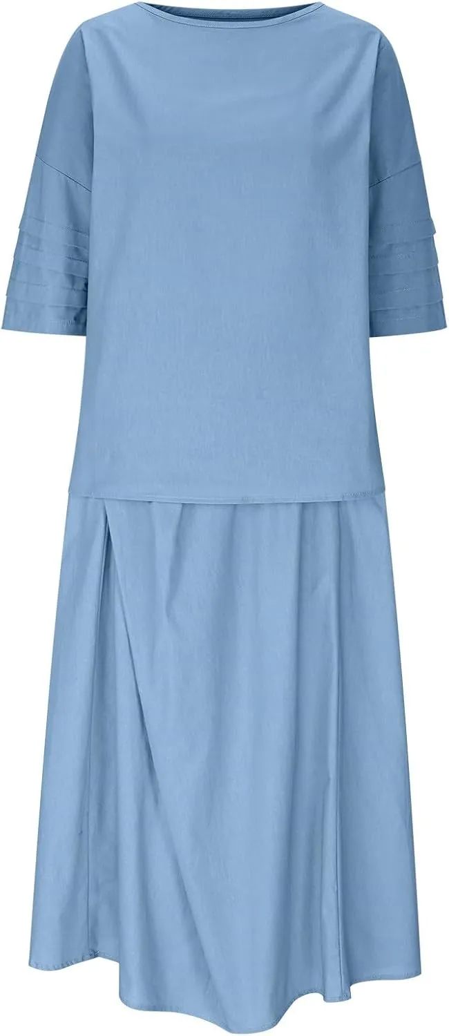 Womens 2 Piece Outfits Cotton Linen 3/4 Sleeve Tank Tops Round Neck Solid Color High Waisted Lounge Summer Dresses