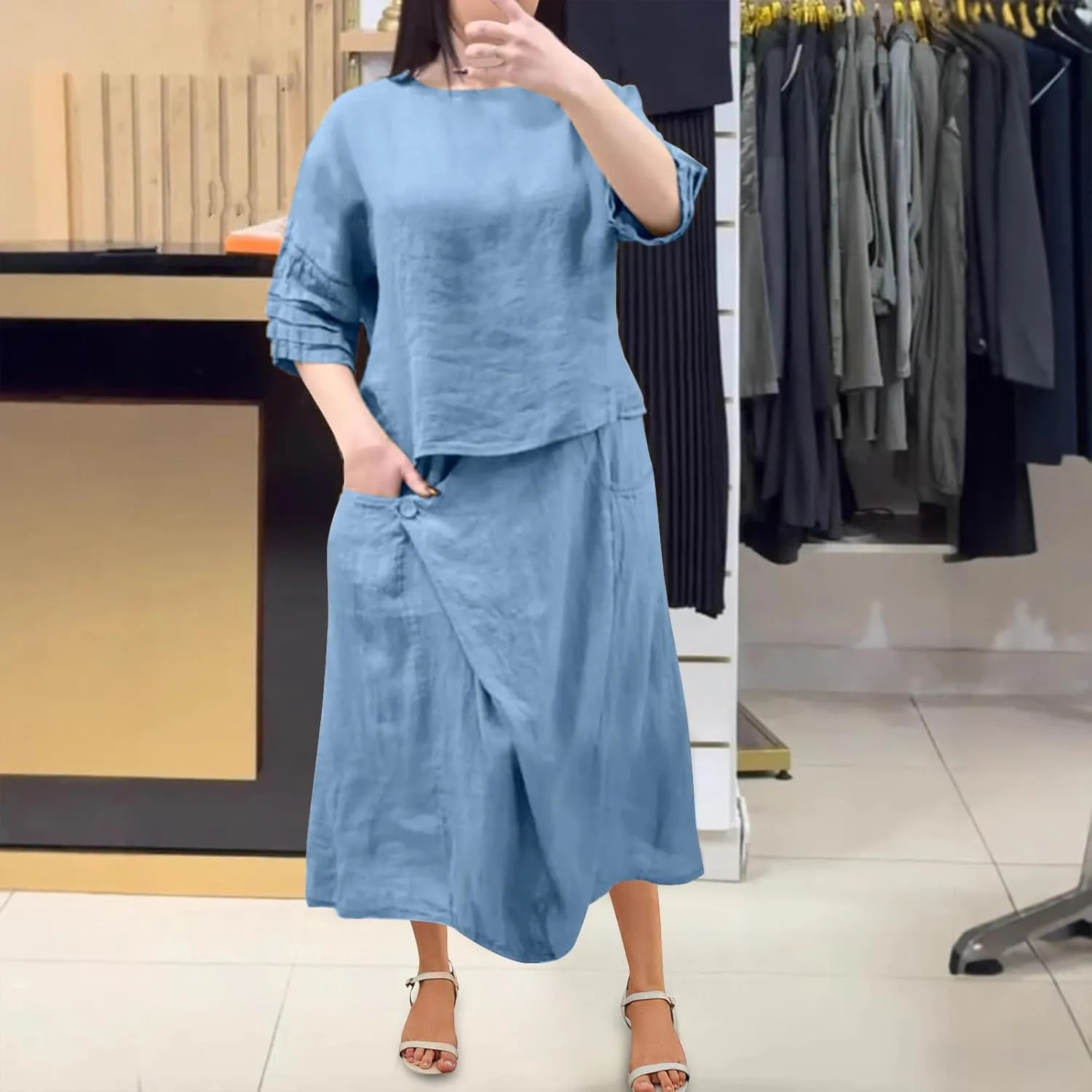 Womens 2 Piece Outfits Cotton Linen 3/4 Sleeve Tank Tops Round Neck Solid Color High Waisted Lounge Summer Dresses