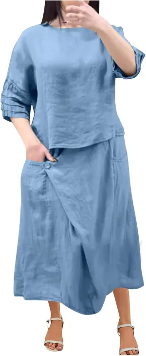 Womens 2 Piece Outfits Cotton Linen 3/4 Sleeve Tank Tops Round Neck Solid Color High Waisted Lounge Summer Dresses