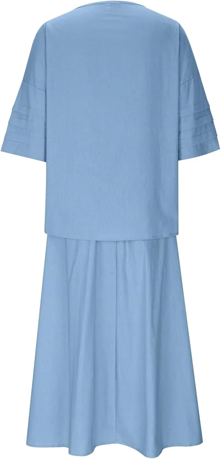 Womens 2 Piece Outfits Cotton Linen 3/4 Sleeve Tank Tops Round Neck Solid Color High Waisted Lounge Summer Dresses