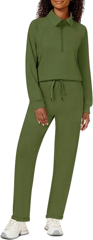 Women's 2 Piece Sets Sweatsuit Lapel Half Zip Sweatshirt Sweatpants Lounge Matching Sets Fall Outfits