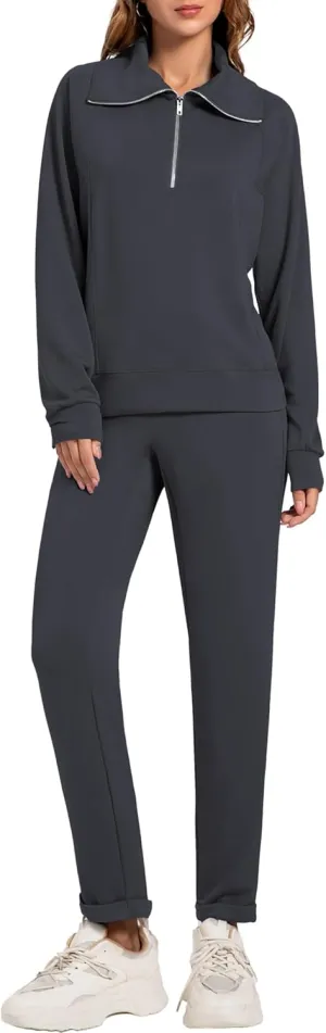 Women's 2 Piece Sets Sweatsuit Lapel Half Zip Sweatshirt Sweatpants Lounge Matching Sets Fall Outfits