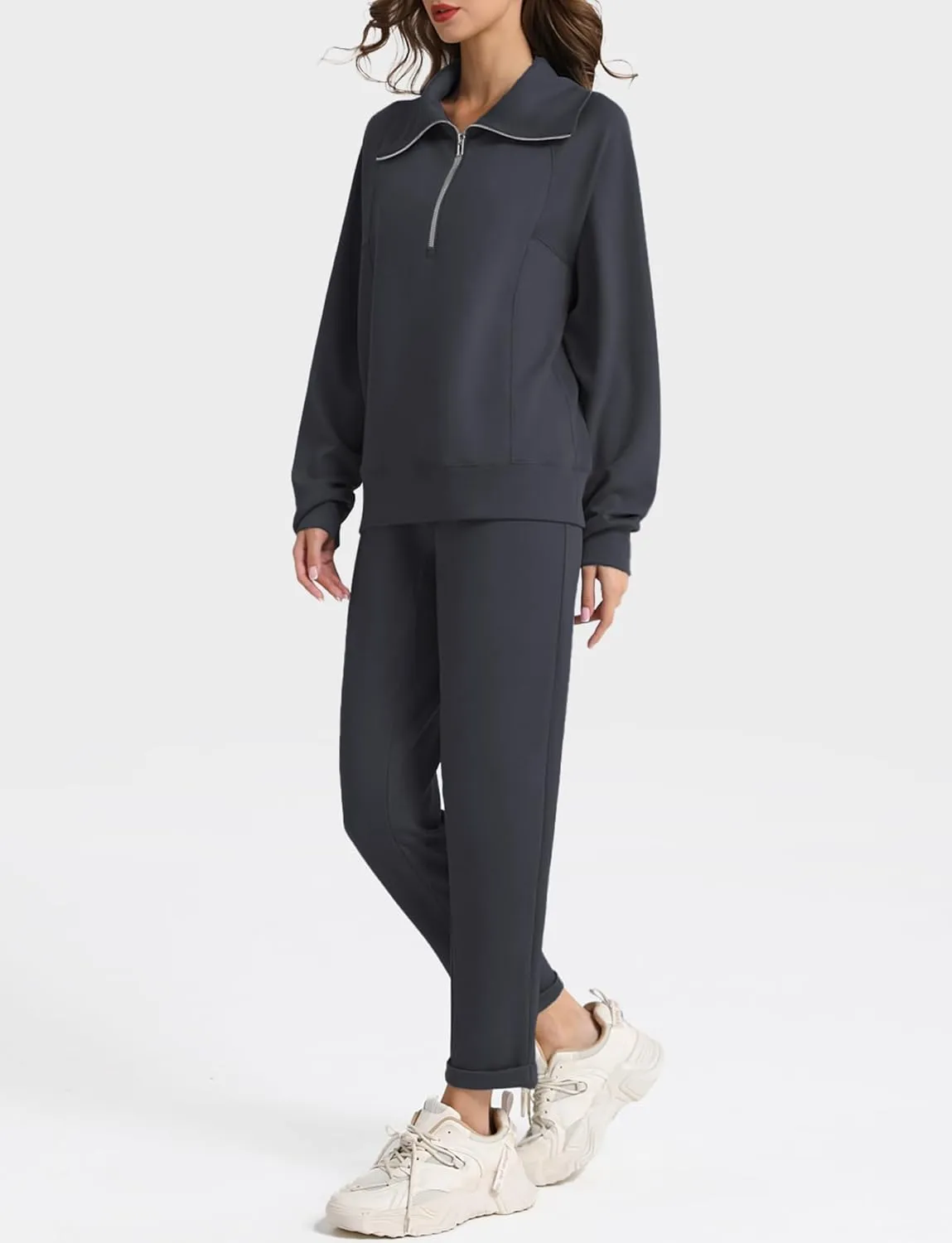 Women's 2 Piece Sets Sweatsuit Lapel Half Zip Sweatshirt Sweatpants Lounge Matching Sets Fall Outfits