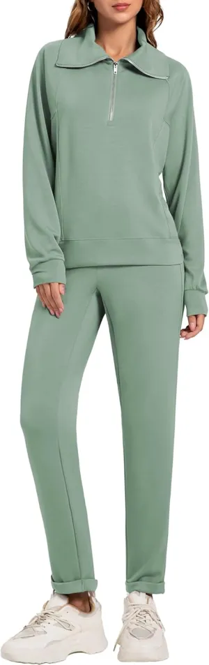Women's 2 Piece Sets Sweatsuit Lapel Half Zip Sweatshirt Sweatpants Lounge Matching Sets Fall Outfits