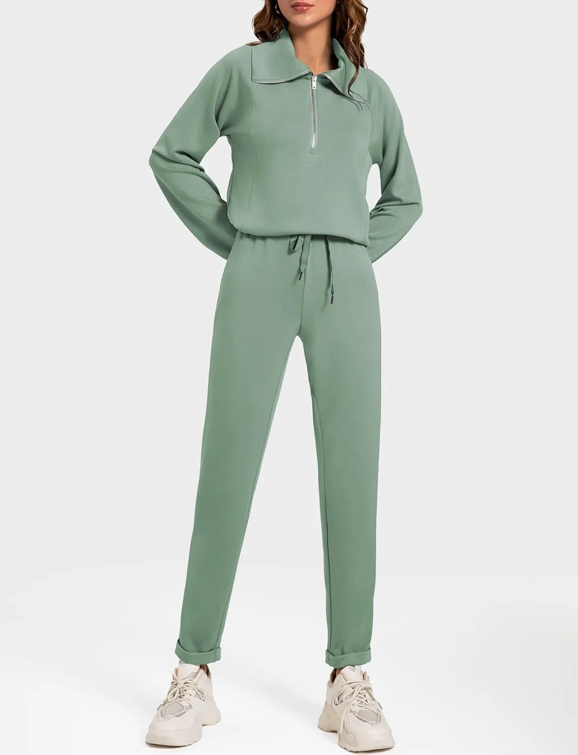 Women's 2 Piece Sets Sweatsuit Lapel Half Zip Sweatshirt Sweatpants Lounge Matching Sets Fall Outfits
