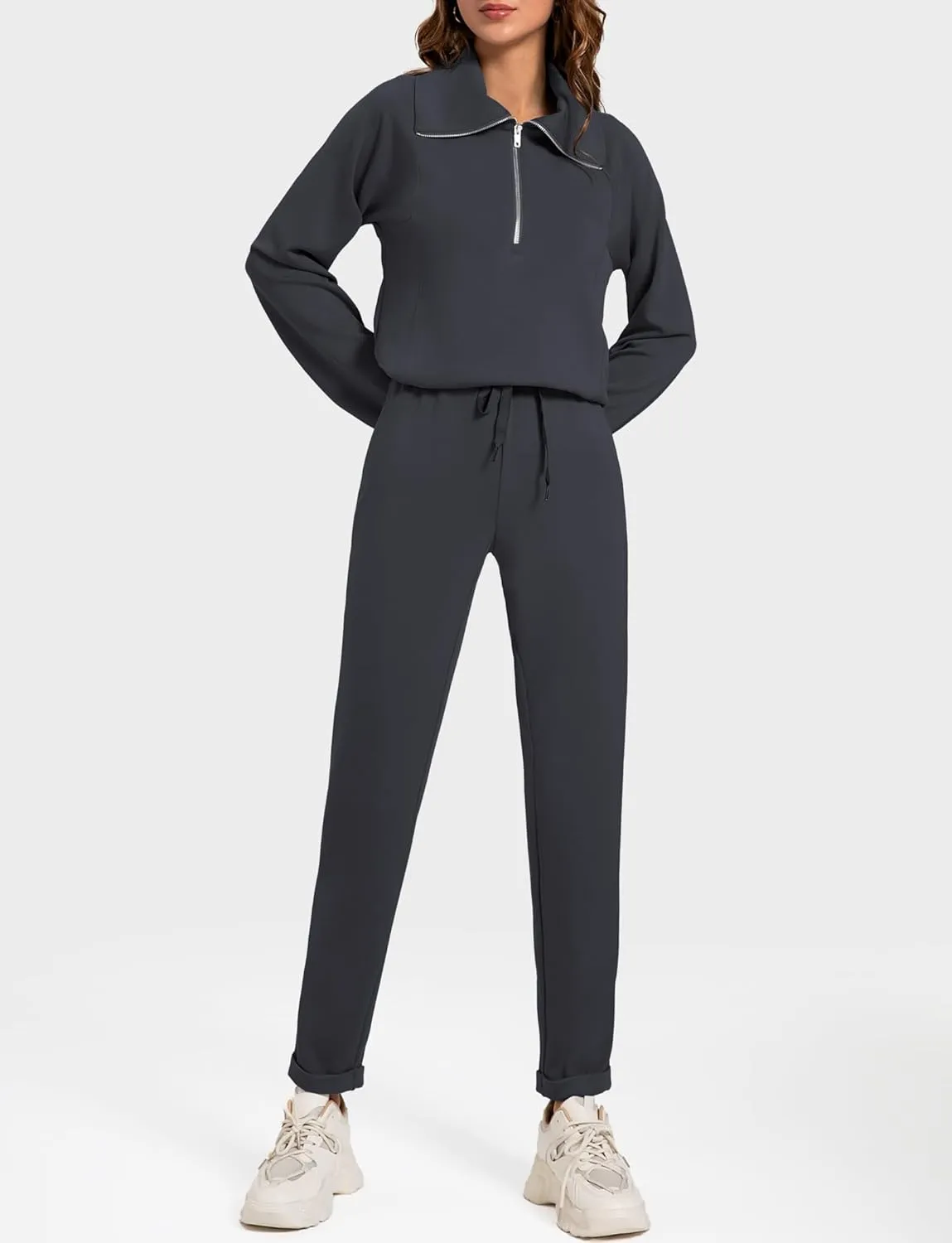 Women's 2 Piece Sets Sweatsuit Lapel Half Zip Sweatshirt Sweatpants Lounge Matching Sets Fall Outfits