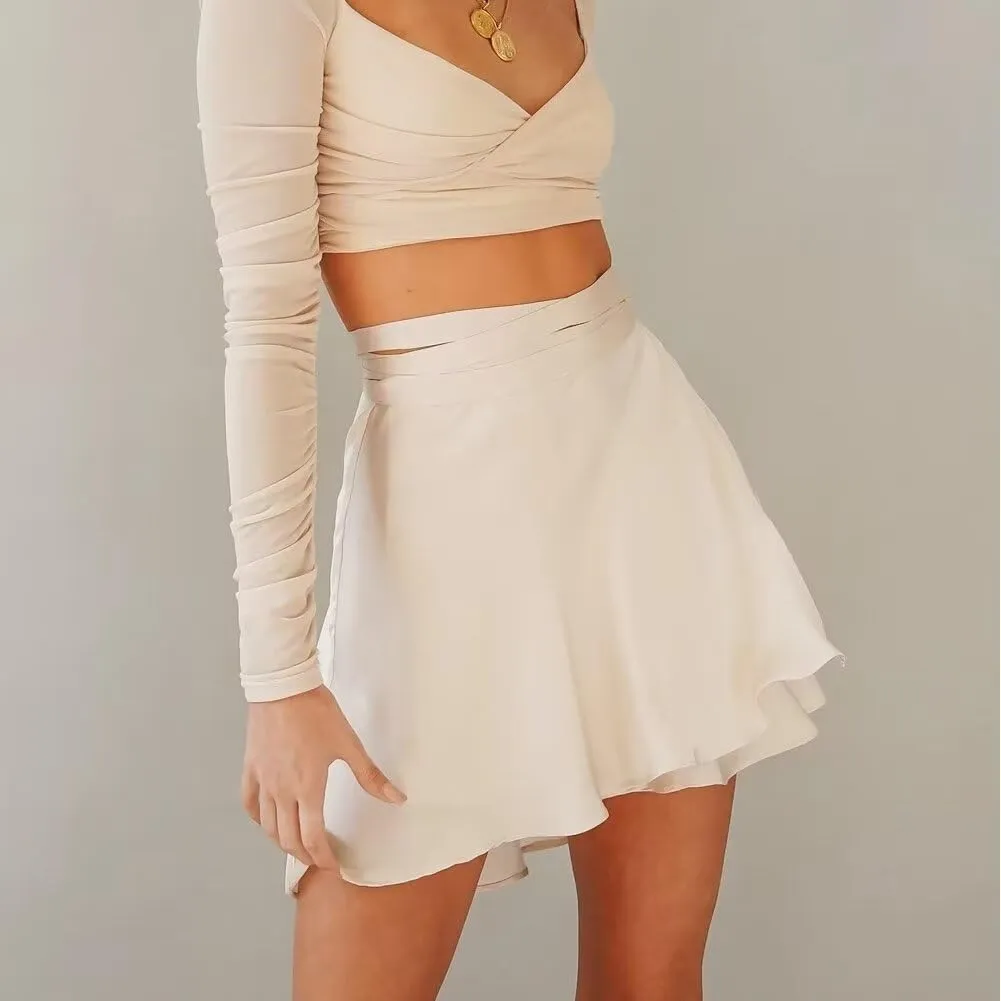 Women's Adjustable Wrap Around Tie Belt Skirt Silky Satin Mini Skirt Summer Skirts