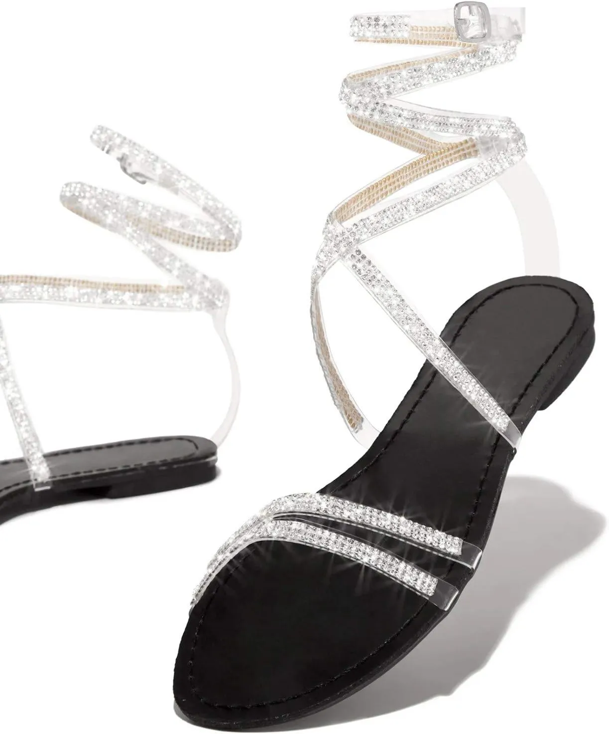 Women's Ankle Strap Flat Sandals Summer Dressy Strappy Gladiator Rhinestones Sandals Beach Shoes Vacation