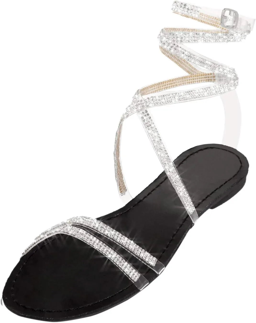 Women's Ankle Strap Flat Sandals Summer Dressy Strappy Gladiator Rhinestones Sandals Beach Shoes Vacation