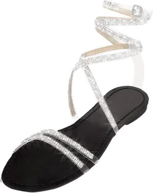 Women's Ankle Strap Flat Sandals Summer Dressy Strappy Gladiator Rhinestones Sandals Beach Shoes Vacation