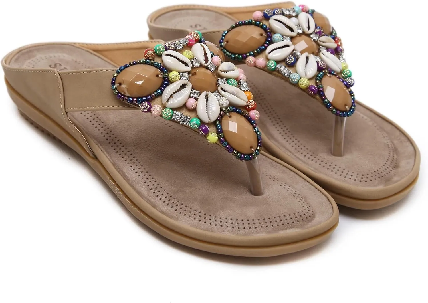 Womens Bohemian Flat Sandals With Shell Diamond Embellishments Soft Sole For Vacation And The Seaside