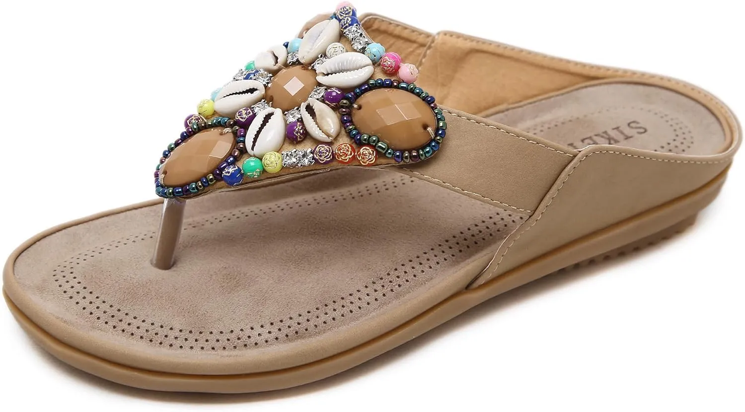 Womens Bohemian Flat Sandals With Shell Diamond Embellishments Soft Sole For Vacation And The Seaside