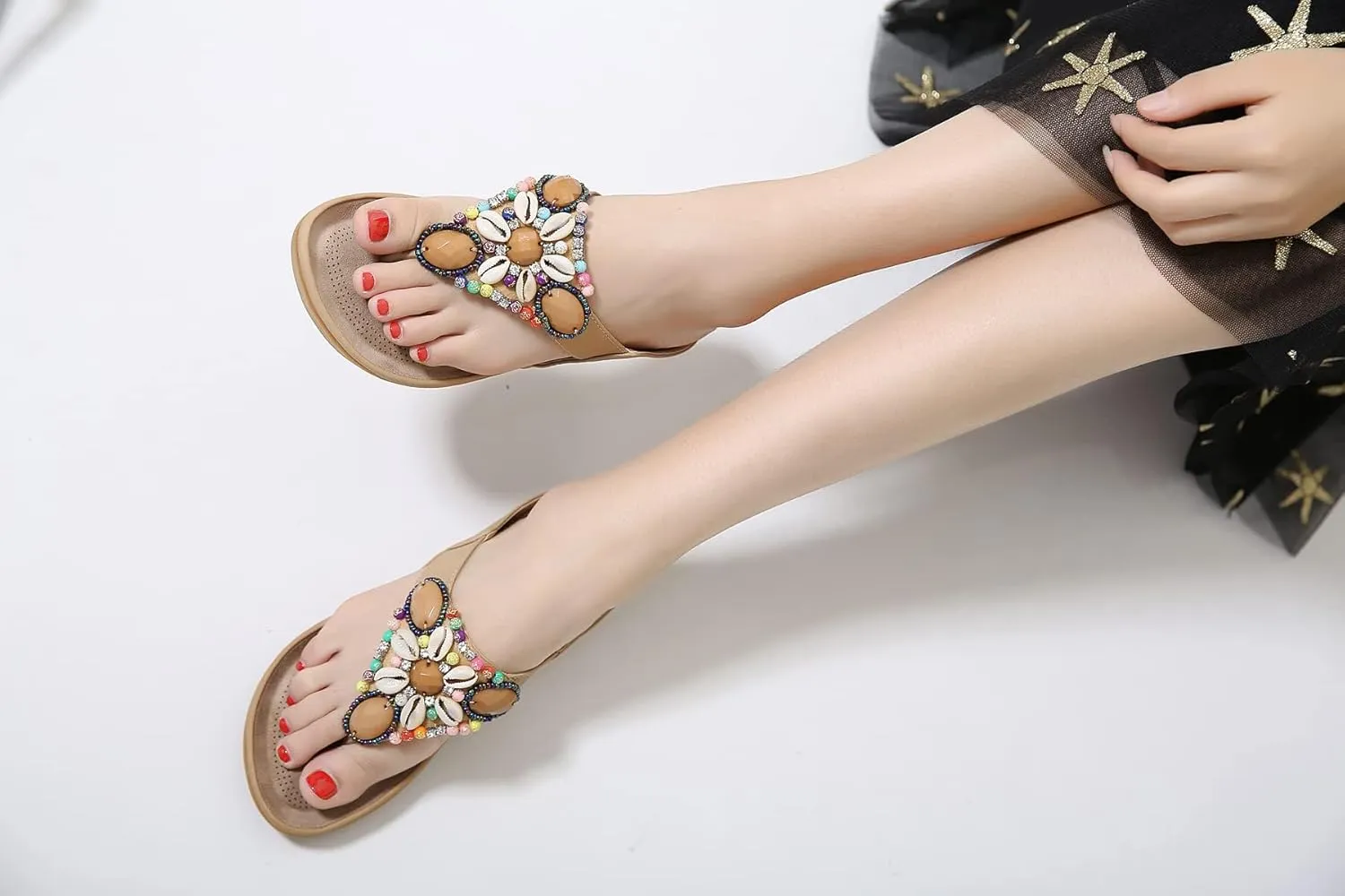 Womens Bohemian Flat Sandals With Shell Diamond Embellishments Soft Sole For Vacation And The Seaside