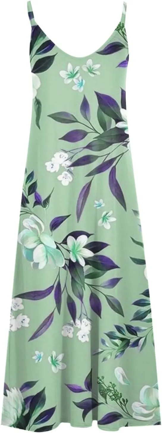 Womens Boho Summer Plus Size Dresses Casual Floral Spaghetti Strap Maxi Long Dresses 2024 Trendy Beach Resort Clothes