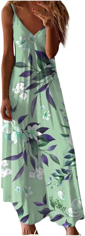 Womens Boho Summer Plus Size Dresses Casual Floral Spaghetti Strap Maxi Long Dresses 2024 Trendy Beach Resort Clothes