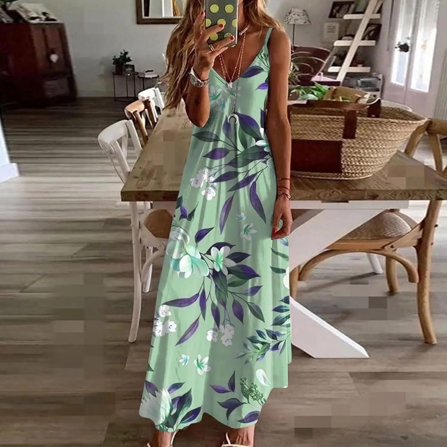 Womens Boho Summer Plus Size Dresses Casual Floral Spaghetti Strap Maxi Long Dresses 2024 Trendy Beach Resort Clothes