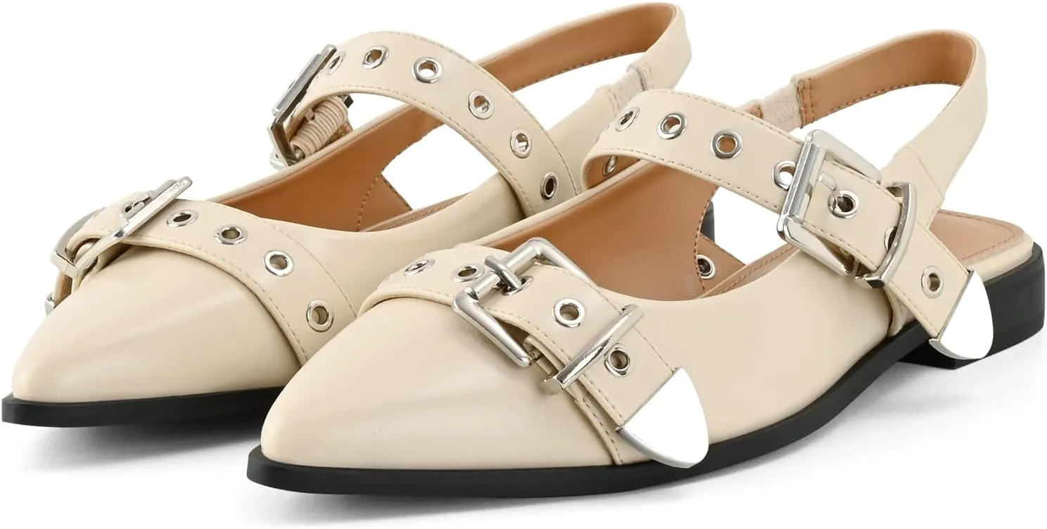 Women's Buckle Ballet Flats Pointed Closed Toe Slingback Shoes with Low Heel Comfortable Dress Flats