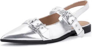 Women's Buckle Ballet Flats Pointed Closed Toe Slingback Shoes with Low Heel Comfortable Dress Flats