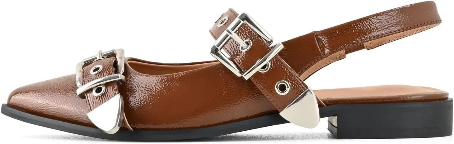 Women's Buckle Ballet Flats Pointed Closed Toe Slingback Shoes with Low Heel Comfortable Dress Flats