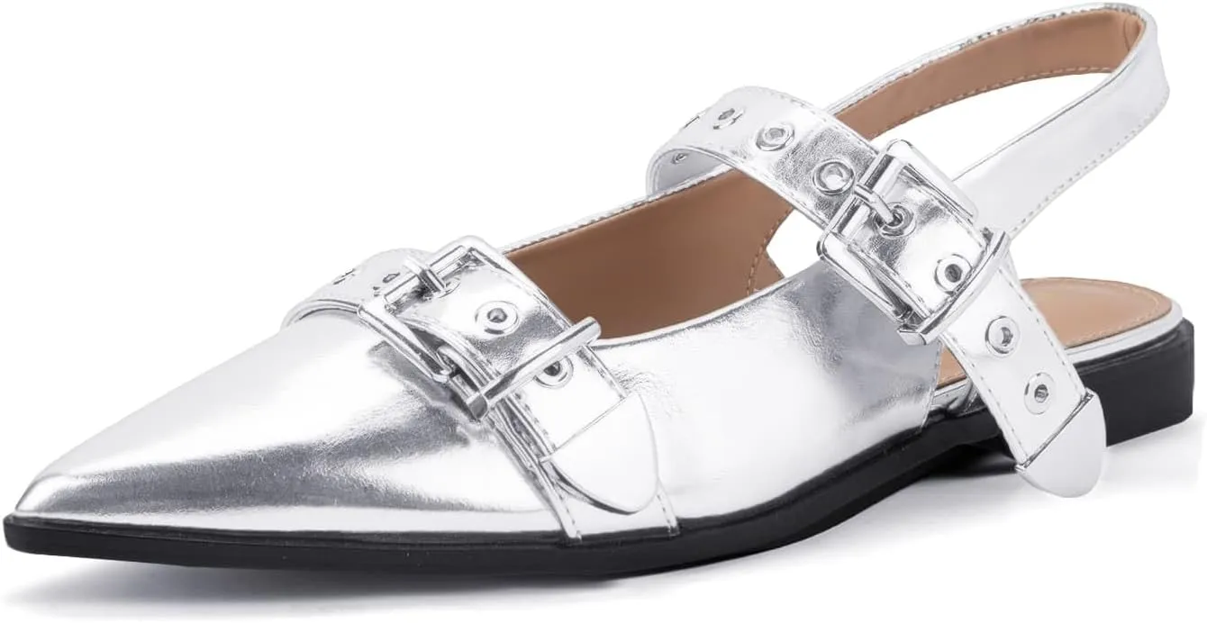 Women's Buckle Ballet Flats Pointed Closed Toe Slingback Shoes with Low Heel Comfortable Dress Flats