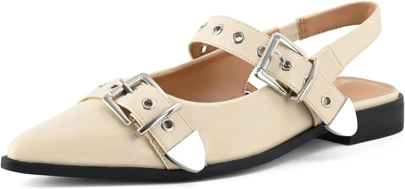 Women's Buckle Ballet Flats Pointed Closed Toe Slingback Shoes with Low Heel Comfortable Dress Flats