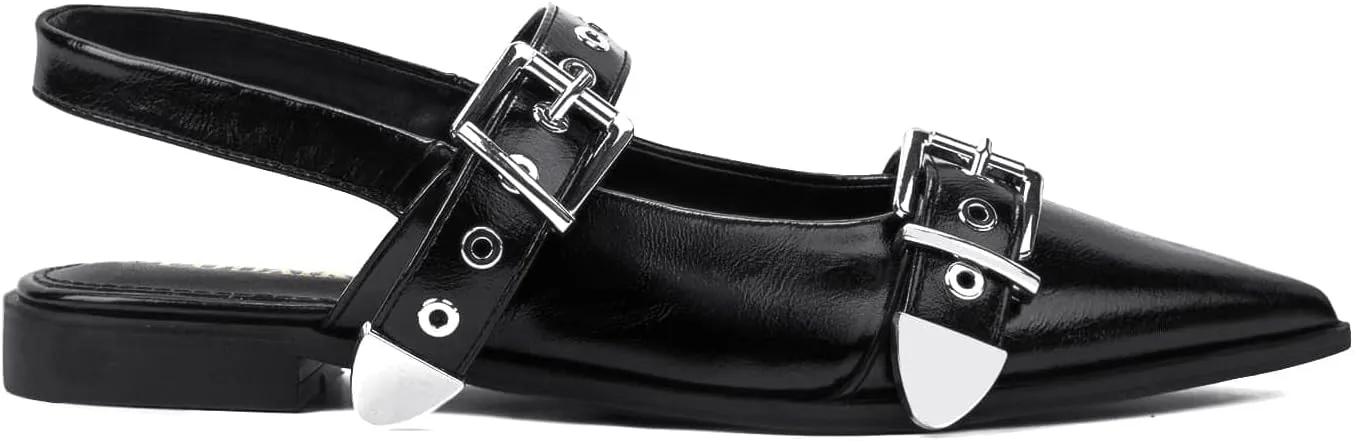 Women's Buckle Ballet Flats Pointed Closed Toe Slingback Shoes with Low Heel Comfortable Dress Flats