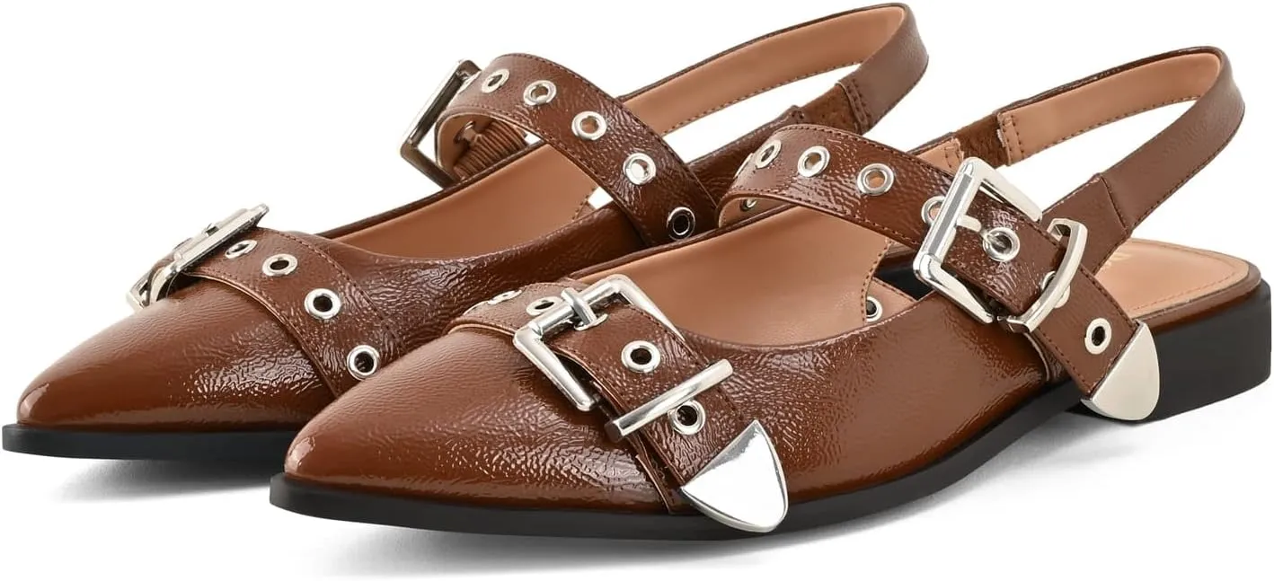 Women's Buckle Ballet Flats Pointed Closed Toe Slingback Shoes with Low Heel Comfortable Dress Flats