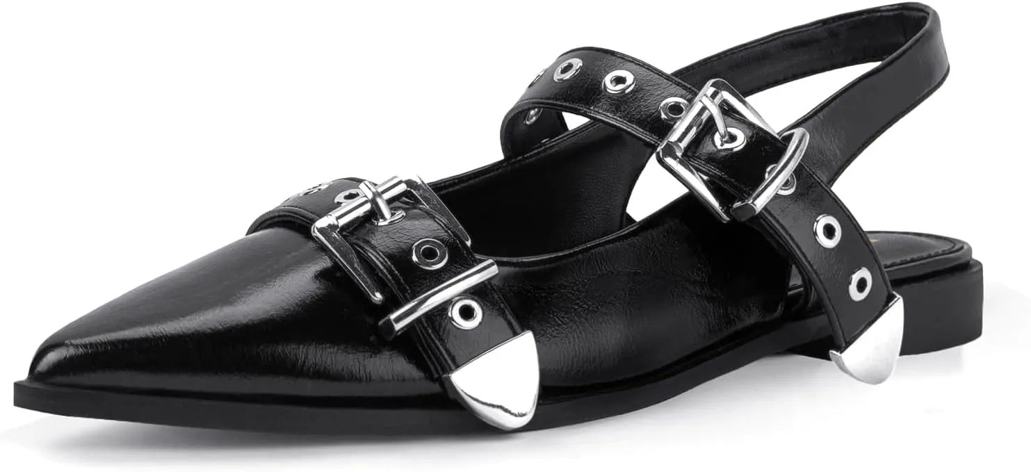 Women's Buckle Ballet Flats Pointed Closed Toe Slingback Shoes with Low Heel Comfortable Dress Flats