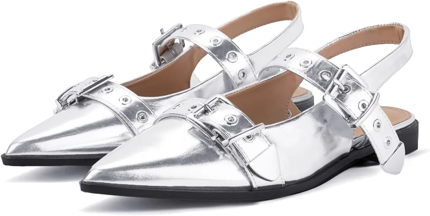 Women's Buckle Ballet Flats Pointed Closed Toe Slingback Shoes with Low Heel Comfortable Dress Flats